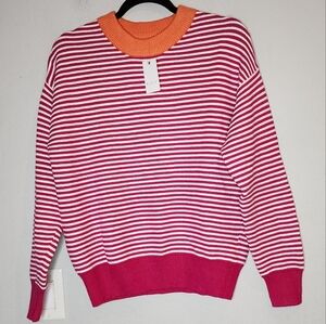 NWT Elodie Pink Stripe Ribbed Sweater‎ Women's Size Small Vegan Viscose Blend